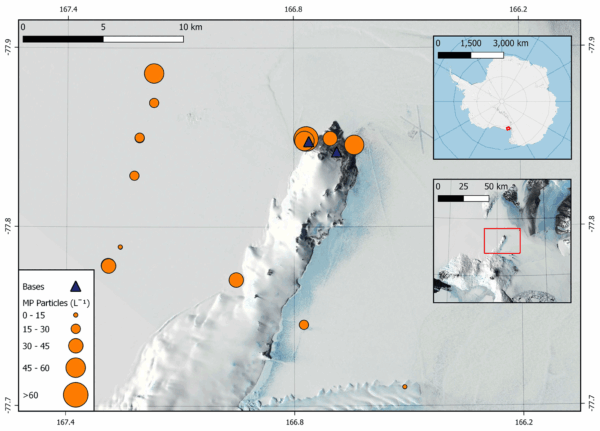 Concentrations of microplastics (MP; in particles L−1) at each sampling site in the Ross Island region. Insets provide an overview of the location of sampling sites in Antarctica. Map data sourced from Matsuoka et al. (2021). Courtesy of First evidence of microplastics in Antarctic snow.