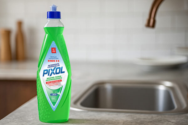 The Pixol bottle's blow-molded PET bottle integrates functional grip zones with distinctive geometric detailing that communicates power and efficiency. Technical precision in the structural design ensures optimal manufacturing while creating a unique silhouette that differentiates from traditional cleaning product aesthetics. Design by Tridimage.