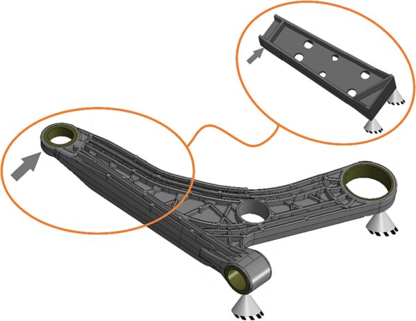 Researchers geometrically simplified a real suspension arm to create the demonstrator. Courtesy of Experimental characterization of a Polymer Metal Hybrid (PMH) automotive structure under quasi-static, creep, and impact loading.