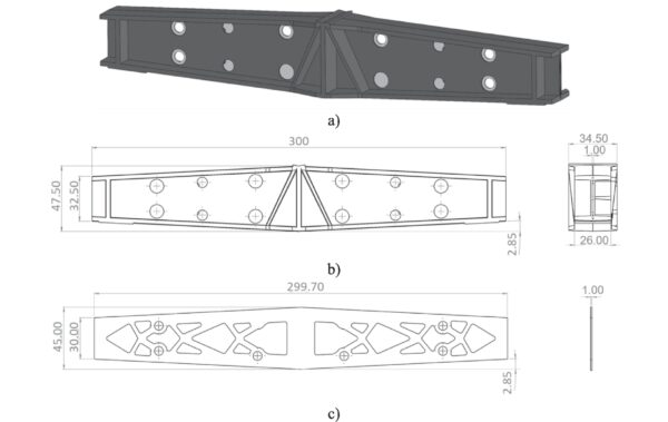 The demonstrator (a) comprises the main composite structure (b) and an aluminum insert (c). Courtesy of Experimental characterization of a Polymer Metal Hybrid (PMH) automotive structure under quasi-static, creep, and impact loading.
