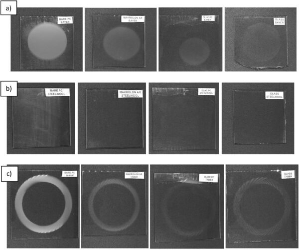 Researchers applied two types of hard coats to investigate PC’s resistance to abrasion. Courtesy of A novel ultra-abrasion resistant coating for enhanced durability in automotive polycarbonate glazing.