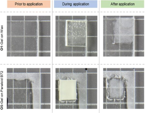 The coatings on the frosted glass made them transparent, but the gels restored their original appearance. Courtesy of New sustainable polymers and oligomers for Cultural Heritage conservation.