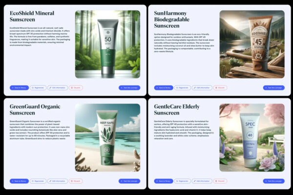 AI-powered innovation engine visualization demonstrates continuous data synthesis from brand research, social listening, and consumer insights to identify emerging opportunities in real-time. The always-on system generates hundreds of prioritized concepts based on synthetic personas. Credit BOI (Board of Innovation).