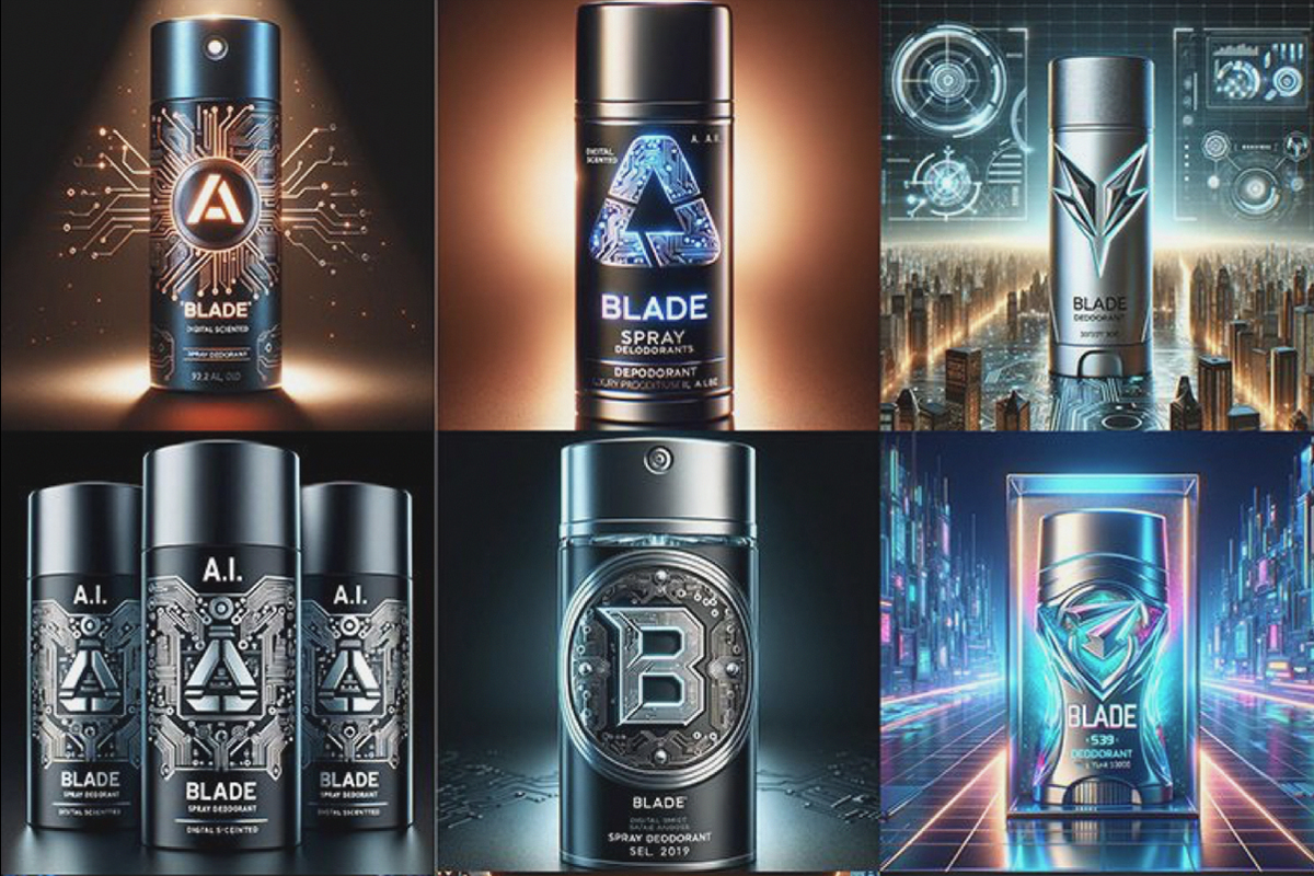 Blade AI fragrances feature cutting-edge packaging designed entirely through AI collaboration, with abstract digital patterns and futuristic elements created through ChatGPT prompts and DALL-E visualization. Design by Tasarist.