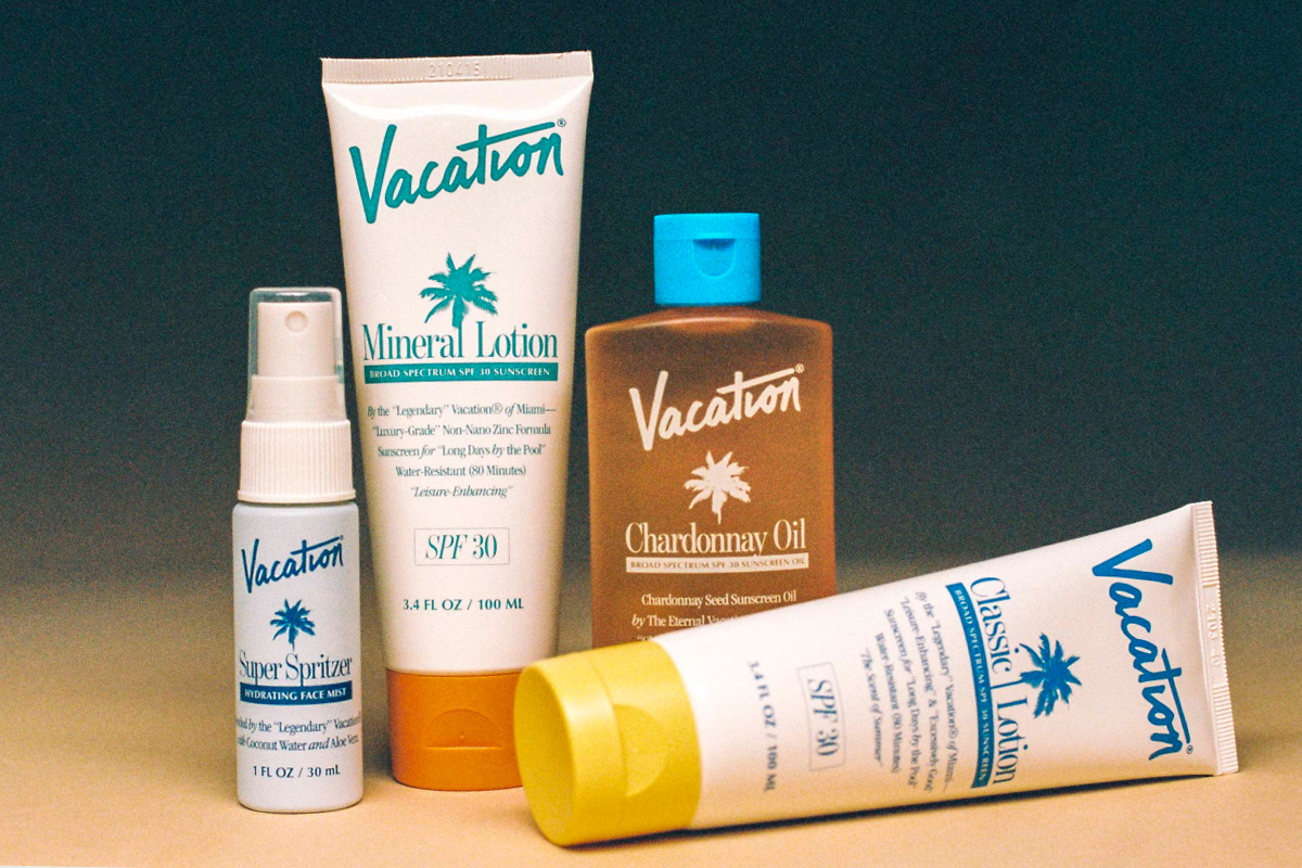 Vacation suncare products embrace unapologetic 1980s nostalgia with retro script typography, palm tree iconography, and a vibrant blue-and-yellow color palette that channels Club Med and Baywatch aesthetics. The deliberately excessive design system celebrates poolside hedonism through cheeky copy and vintage resort branding, transforming sun protection into a nostalgic summer fantasy. Design by Wedge.