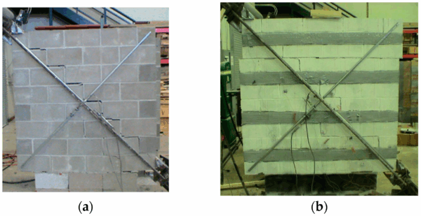 Wall failure modes included shear friction, shear friction and shear slide, shear friction and diagonal tension, and diagonal compression. Courtesy of In-Plane Strengthening of Unreinforced Masonry Walls with Discrete Glass Fiber-Reinforced Polymer Grid Strips Bonded with Sprayed Polyurea.