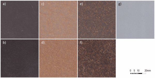 Rotomolded samples for (a) 5% ignimbrite dust, (b) 10% ignimbrite dust, (c) 5% Arundo fibers, (d) 10% Arundo fibers, (e) 5% hybrid composites: 2.5% Arundo fibers and 2.5% ignimbrite dust, (f) 10% hybrid composites: 5% Arundo fibers and 5% ignimbrite dust, and (g) neat PE. Courtesy of The Impact of Fillers on UV-Aging of Rotomolded Polyethylene Items: A Case Study on Ignimbrite Dust, Arundo donax L. Fibers, and Their Combination.