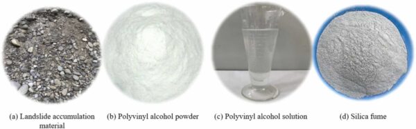 Researchers used PVA (b), accompanied by SF (d) and polypropylene fibers, to stabilize landslide accumulation material (a). Figure courtesy of Stabilization of coarse-grained mixed soils from landslide deposits in Southeastern Tibet using PVA-based composite materials: Mechanical properties and micro-mechanisms.