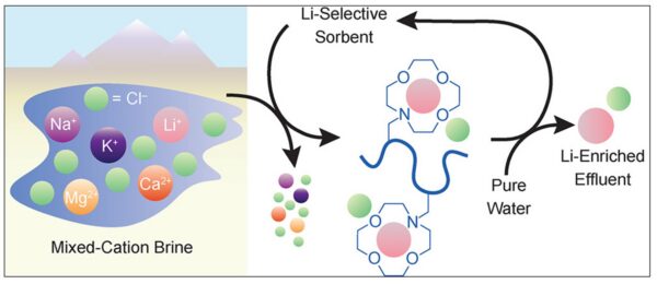 Polymer sorbents selectively bind lithium ions from multicomponent brines, producing a Li-enriched stream with minimal water and chemical use. Courtesy of Microporous Polymer Sorbents for Direct Lithium Extraction.