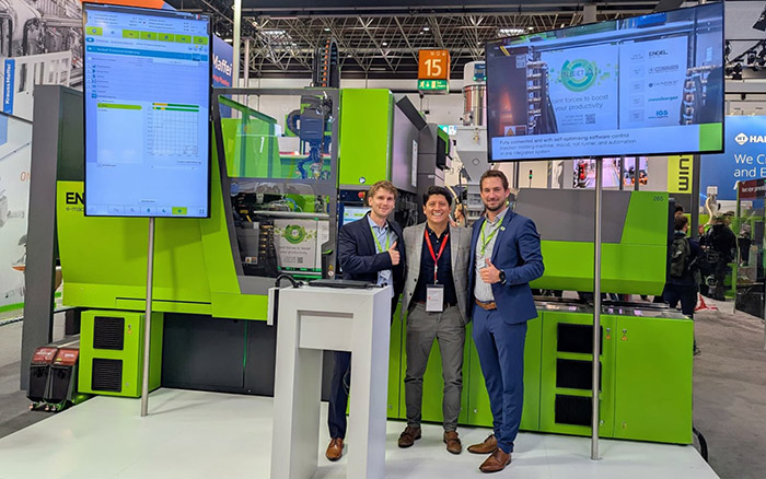 Engel is pushing boundaries with Inject AI, which represents a significant leap forward from the connectivity-driven Inject 4.0 introduced in 2016. In the photo are from left to right: Felix Schmidt (Application Engineering Manager – Engel Mexico), Andres Urbina (Content Editor Europe – Plastics Engineering powered by SPE) and Christian Öllinger (Global Key Account Manager Automotive – Engel Austria). Photo by Andrés Urbina at the K-Show 2025.