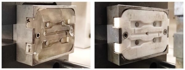 Failure modes in photopolymer mold inserts after real-cycle injection molding. The insert on the left exhibits brittle multi-piece fracture, while the insert on the right shows radial crack propagation originating at ejector-pin locations. Courtesy of Heat Dissipation Plays Critical Role for Longevity of Polymer-Based 3D-Printed Inserts for Plastics Injection Moulding.