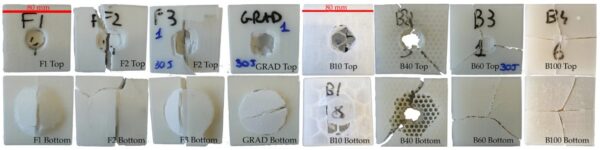 Researchers compared impact testing results from the foam and honeycomb specimens. Figure courtesy of Mono-material sandwich structures design produced by Foam Additive Manufacturing: study of performances under dynamic conditions.