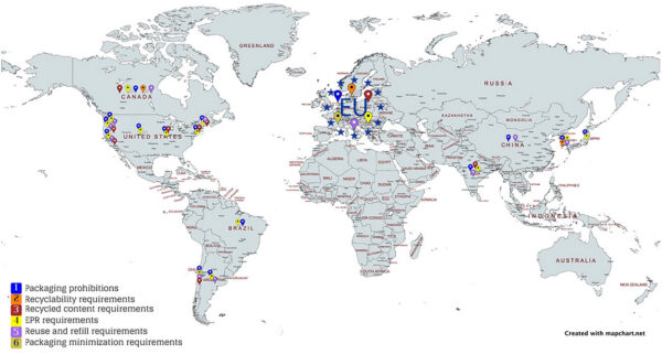 Across the globe, new regulatory measures are affecting the packaging industry. Figure courtesy of Impact of emerging packaging regulations on international trade and product safety with emphasis on plastic reuse and recycling in Europe and North America.