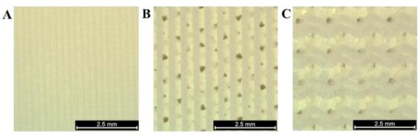 Researchers fabricated solid (A), porous (B), and gyroid (C) mesh specimens. Courtesy of Guided Bone Regeneration: A novel approach to 3D-printed biodegradable meshes.