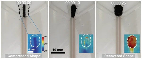 Photos and thermography images (insets) of the shape recovery process of a CNT-infiltrated polyurethane SMP foam. Courtesy of Shape Memory Polymer-Based Endovascular Devices: Design Criteria and Future Perspective