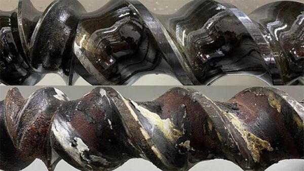 Deposit accumulation on extruder screw flights over extended operating intervals.In PFAS-free extrusion, reduced tolerance for buildup shortens effective cleaning cycles and increases the importance of timely mechanical intervention. Courtesy of Jwell Group.
