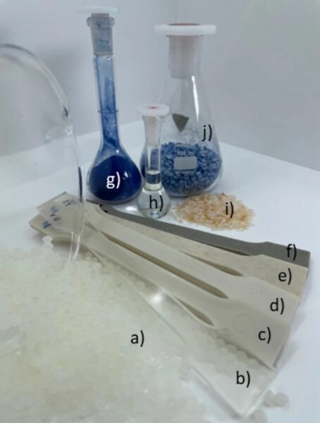 Using a variety of biomaterials, researchers produced a variety of test specimens (b-f) for cosmetics packaging applications. Figure courtesy of A novel fully biobased material composite for cosmetic packaging applications.