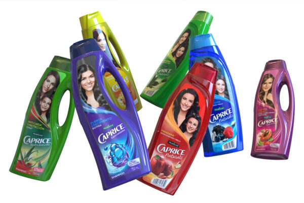 Caprice shampoo bottles demonstrate how structural design functions as a powerful distinctive brand asset. The traveling groove pattern achieves distinctiveness through three-dimensional geometry rather than applied graphics, creating tactile recognition that persists regardless of label. Design by Colgate-Palmolive Latin America with tridimage.
