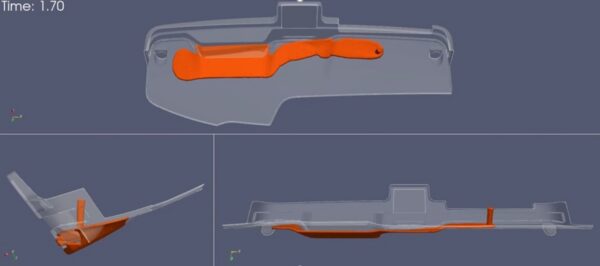 Simulation software predicts the foaming process in an instrument panel. The model can predict the foaming process and material behavior. Image courtesy of Bayfill® technology from Covestro. 