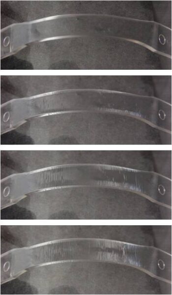 Chemical damage may arise in the form of cracking, degradation, weight gain or mechanical failure. This image shows a time-lapse of a PC sample showing environmental stress cracking. Source: Madison Group.