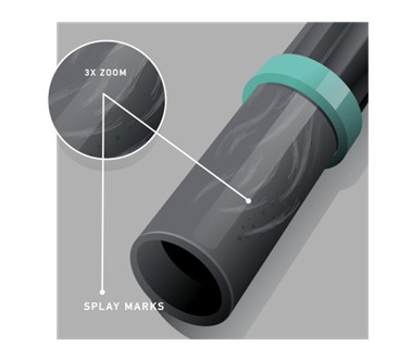 Splay marks on an injection-molded surface are typically caused by moisture or other volatiles flashing into gas during filling. Courtesy of Elastron.