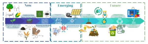 As technology improves, printed electronic systems can continue to better align with sustainability goals. Figure courtesy of Biobased Polymers in Printed Electronics: From Renewable Resources to Functional Devices.