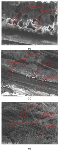 Characteristic Scanning Electron Microscopy (SEM) microstructure in the region of low-velocity impact of sandwich specimens: (a) impacted foam core, (b) interface between the foam and face sheet, (c) impacted face sheet region. Courtesy of Low-Velocity Impact Behavior of Foam Core Sandwich Panels with Inter-Ply and Intra-Ply Carbon/Kevlar/Epoxy Hybrid Face Sheets.