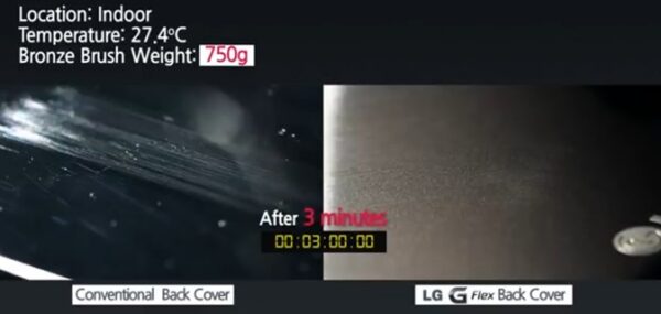 Comparison of conventional phone back cover (left) compared to LG Flex self-healing coating back cover (right) after abrasion. Courtesy of LG Chem.