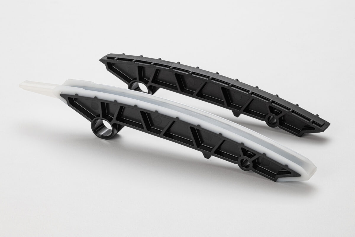Recycled PA6 compound was created from the polyamide fraction obtained by solvent-based recycling, validated on a near-series chain guide rail (production: Pöppelmann) for Mercedes-Benz. Photo courtesy of BASF.