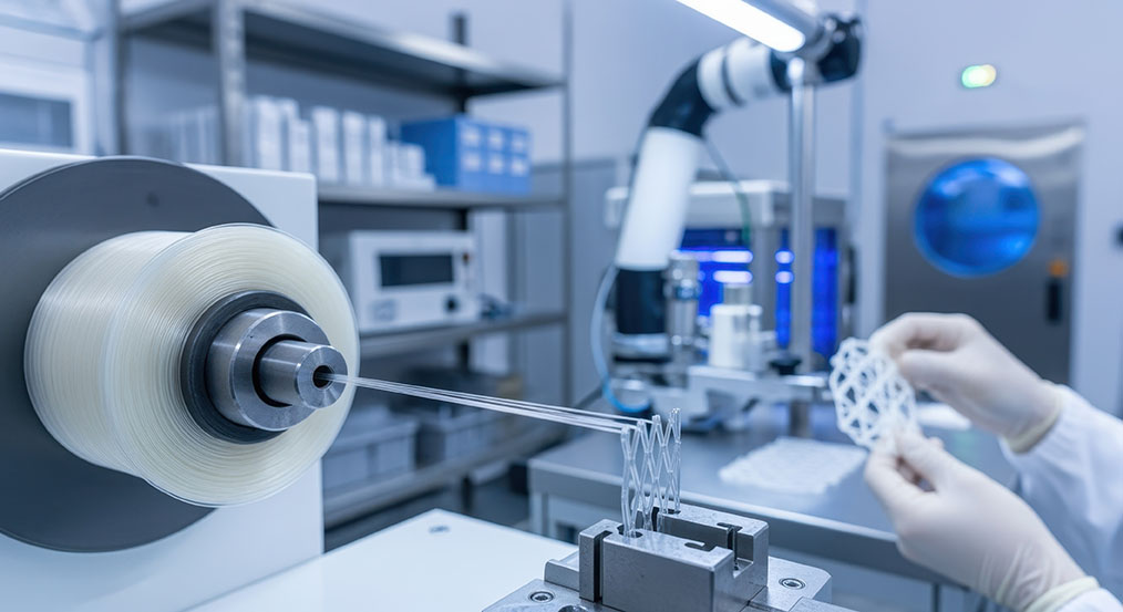 Workflow of biodegradable polymer stent production with extrusion followed by cutting and sterilization, representing a full-cycle medical device assembly.