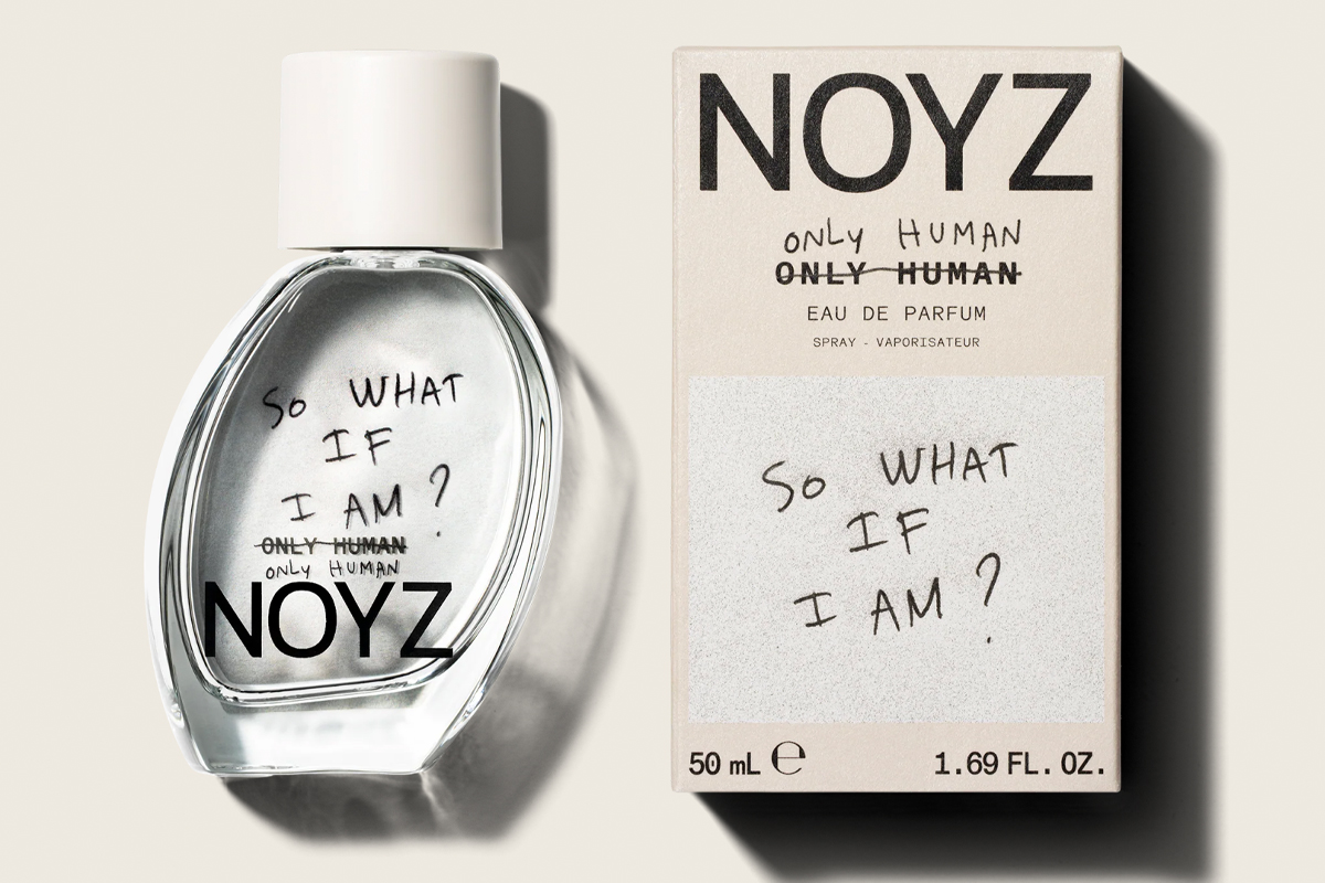 Fragrance packaging demonstrates handwritten rebellion against synthetic precision through layered markup typography: "ONLY HUMAN" declaration appears both handwritten and struck-through in notebook-style annotation, creating visual friction between assertion and correction that mirrors designer work notes. Design by NOYZ internal team.