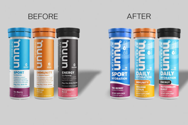 Nuun hydration enhancer redesign demonstrates function-first communication architecture through dominant blue colorway signaling core benefit, strategic accent colors enabling subline navigation, and modular badge system replacing verbose copy with scannable claims. Design by Nestlé Health Science internal team. Courtesy of Designalytics.