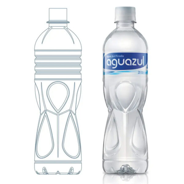 Aqua Pura's ultralight PET bottle integrates a leaf motif embossed directly into the container's structural panel, turning a sustainability commitment into a three-dimensional brand signature. Every gram removed from the preform is a design decision that communicates responsibility without sacrificing shelf presence or structural performance. Design by Tridimage.