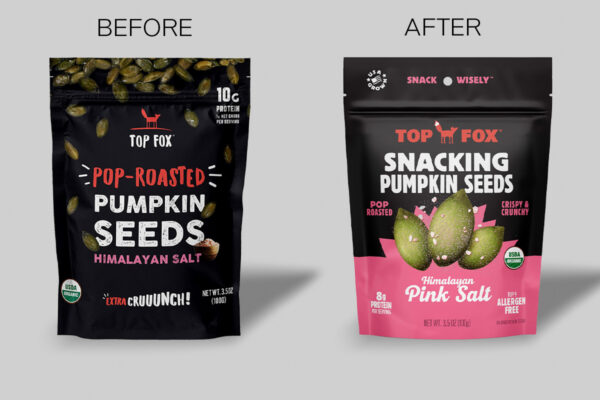 Top Fox snacking seeds packaging executes category repositioning through unambiguous behavior cues. The flavor-forward design drove 54% sales growth by explicitly granting permission to consume seeds as indulgent snack rather than salad topper. Design by Interact Brands. Courtesy of Designalytics.