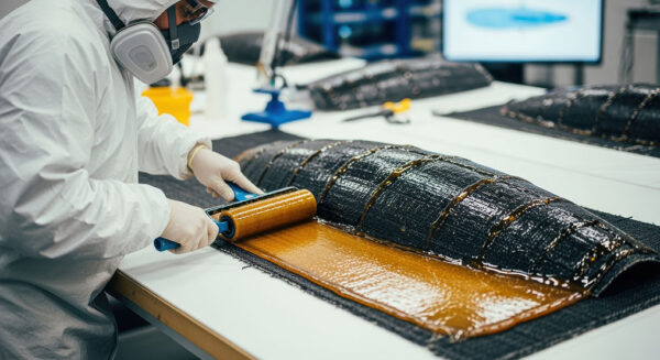 Special Resin application to pre-impregnated composite sheets forming the low radar signature naval mine shells.