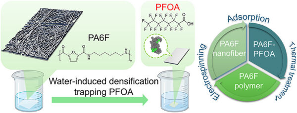 Water-activated PA6F nanofiber membranes capture PFAS through chemical interactions and physical confinement, enabling regeneration and reuse. Courtesy of Water-Induced Confinement of Perfluorinated Pollutants in Biobased Polyamide Nanofibrous Membranes.