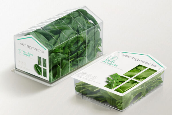 Vertigreens' greenhouse-shaped container transforms the brand's indoor farming technology into an architectural statement on the shelf. The clear structure turns material transparency into a literal trust signal where nothing is hidden between consumer and produce. Design by Prompt Design.