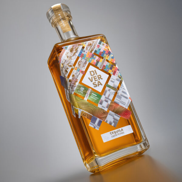 DIVERSA's tequila label weaves five independent design voices from across Latin America into a single surface, each agency contributing a quadrant that interlocks like threads in a traditional textile, proving that collaborative authorship can produce a visual density no single studio would have reached alone. Concept and creative direction by Tridimage.