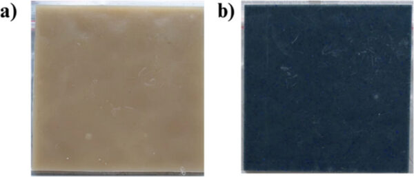 Researchers fabricated sample plates of neat PLA, PLA@APP (a), and PLA@APP@CoAl2O4. Figure courtesy of Two in One: Recycled Cobalt Aluminate as a Pigment and Synergistic Flame-Retardant Agent for Polylactide.