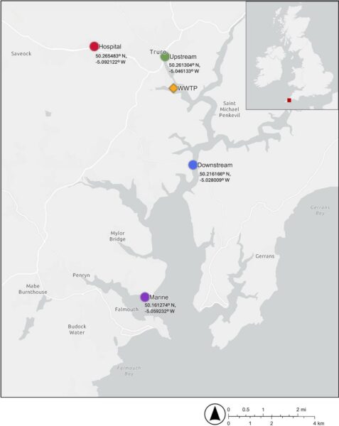 Map showing study area with all incubation sites marked, southwest England. Red: hospital; Green: upstream; Blue: downstream; Purple: marine. WWTP is also marked (Orange). Courtesy of Sewers to Seas: exploring pathogens and antimicrobial resistance on microplastics from hospital wastewater to marine environments.