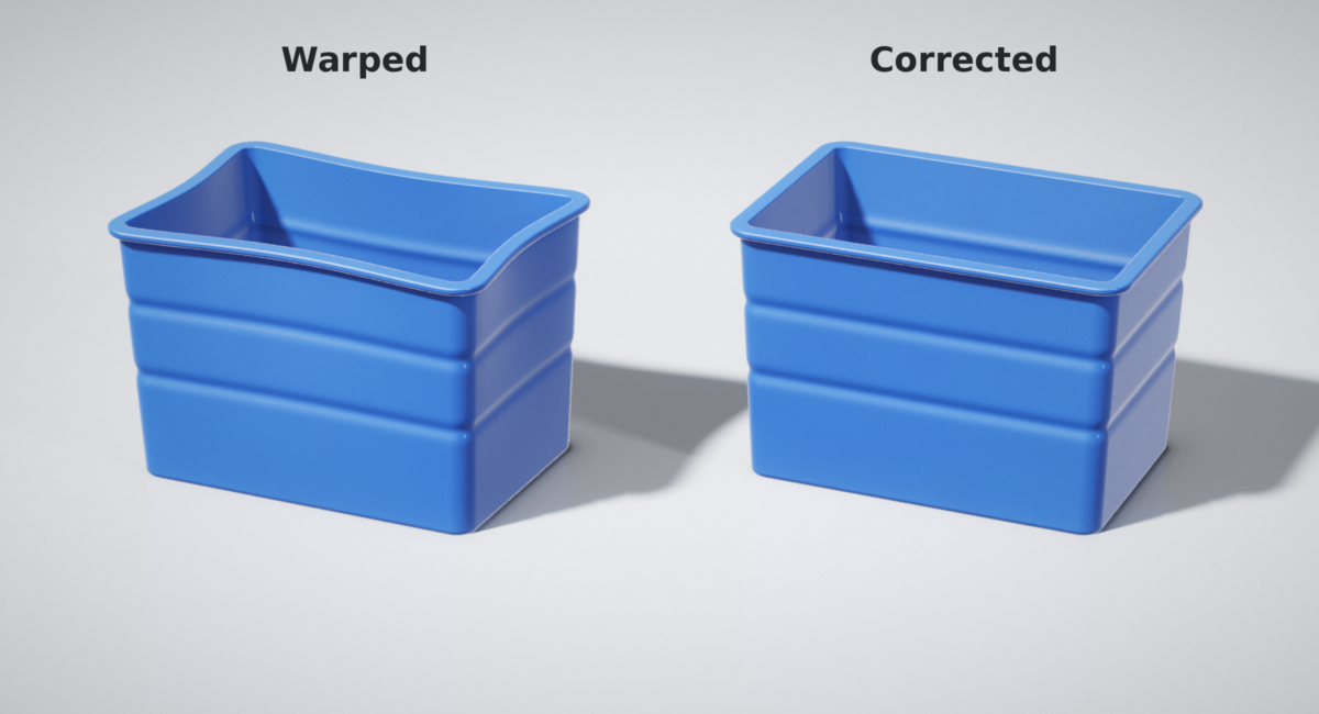Warpage is a common defect in injection molding and it is normally derived from differences in the mold temperature. Image generated with AI.