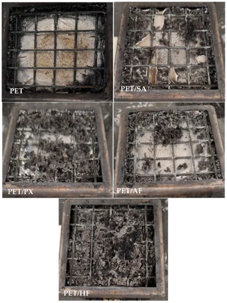 Samples of neat PET and PET with four commercially available flame retardants underwent cone calorimeter testing. Figure courtesy of A Study on Phosphorous-Based Flame Retardants for Transparent PET Composites: Fire, Mechanical, and Optical Performance.