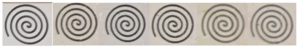 Researchers covered a spiral shape with films of neat PET (second from left) and PET with four commercial flame retardants. Figure courtesy of A Study on Phosphorous-Based Flame Retardants for Transparent PET Composites: Fire, Mechanical, and Optical Performance.