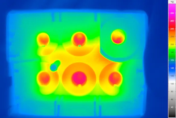 Temperature-field images from molded parts can capture spatial cooling patterns linked to mass, tensile strength, and warpage prediction. Courtesy of InfraTec.