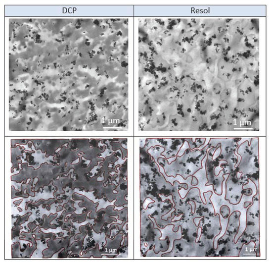 TEM pictures of filled TPV (PP: 75 phr) with 12 wt. % of carbon black (top). Highlighting of phase limits (bottom) to help visualize the location of carbon black fillers. Courtesy of TPV: A New Insight on the Rubber Morphology and Mechanic/Elastic Properties.