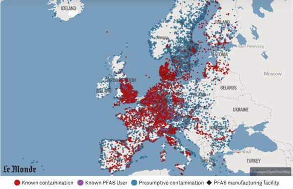 PFAS regulation gained momentum as evidence of contamination spread across Europe’s industrial regions. That pressure now drives reformulation efforts throughout global plastics supply chains. Courtesy of Forever Pollution Project.