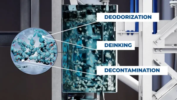 Flexloop adds a solvent-based extraction stage before washing in mechanical recycling. The process produces higher-quality recycled resin for sensitive packaging applications. Image courtesy of Lindner Recycling.