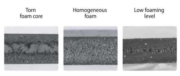 Homogeneous foam structure (middle) in contrast to defects (left and right) caused by unfavorable process control. Image courtesy of IKV.