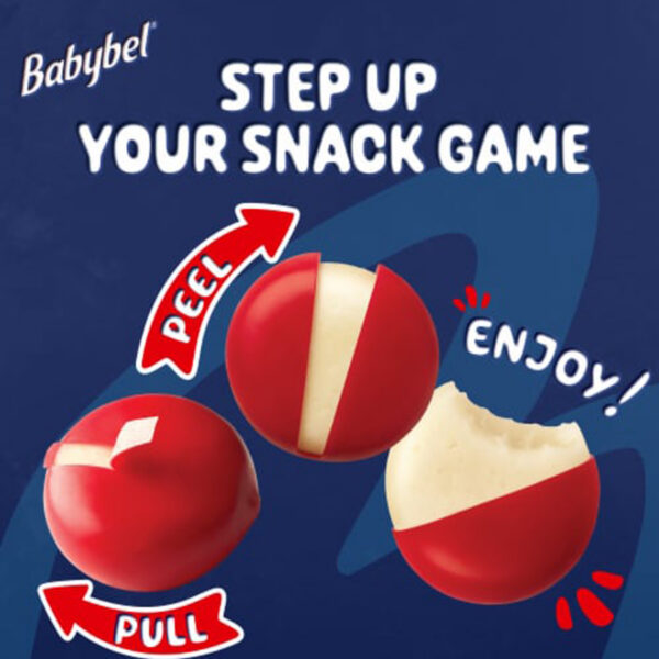 Babybel builds a three-step ritual into its wax shell, where pulling and peeling slow the moment down and prime appetite before the cheese ever reaches the mouth. Design by Bel Group.