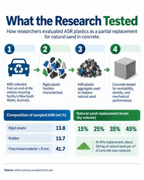 Researchers evaluated automotive shredder residue (ASR) plastics as a partial replacement for natural sand in concrete, testing different replacement levels and characterizing the mixed waste stream. Credit: Plastics Engineering- generated with AI.